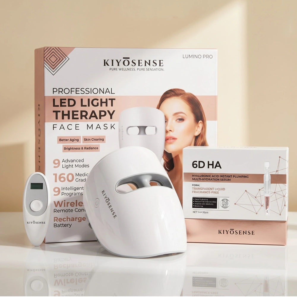 KIYOSENSE LUMINO PRO Solo Pack — LED light therapy face mask with wireless remote control and 6D Hyaluronic Acid Serum